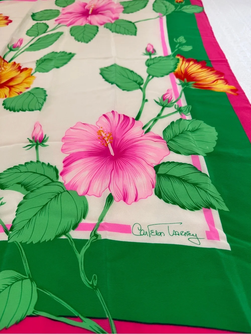 Carleton Varney Vtg Scarf Hibiscus Floral Pink Green Silk Feel Square Scarf